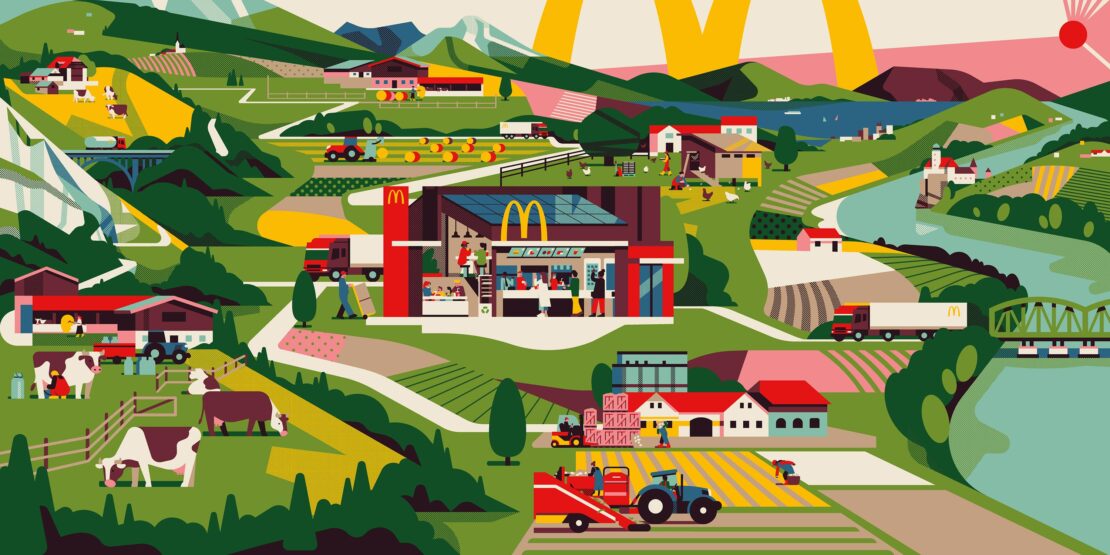 Illustration of a rural landscape featuring a McDonald's restaurant, fields, farm animals, and agricultural machinery in a stylized design.