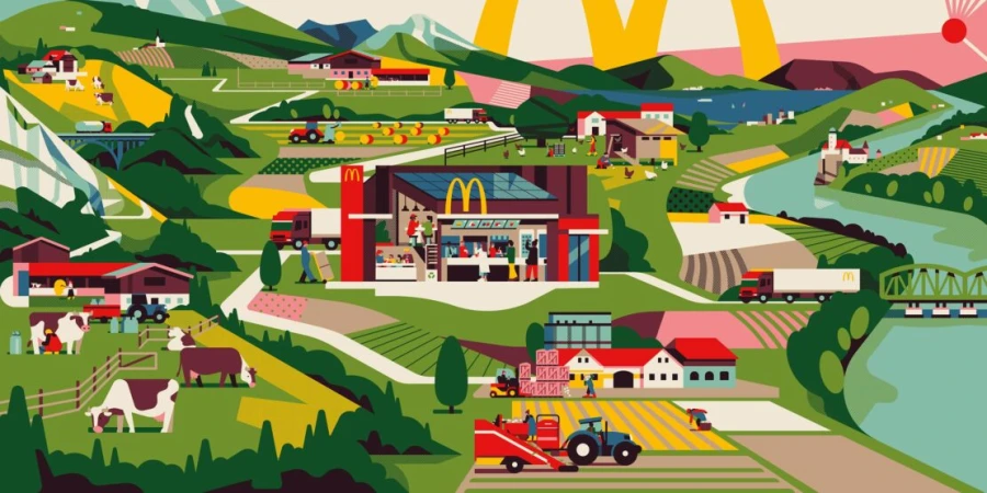 Illustration of a rural landscape featuring a McDonald's restaurant, fields, farm animals, and agricultural machinery in a stylized design.