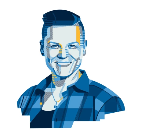 Digital graphic portrait illustration of a person with short hair wearing a blue patterned shirt by Aleksandar Savić.