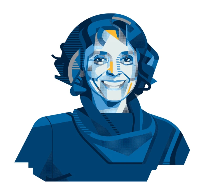 Illustration of a woman with short brown hair, wearing a dark blue top, against a white background, rendered in a geometric art style.