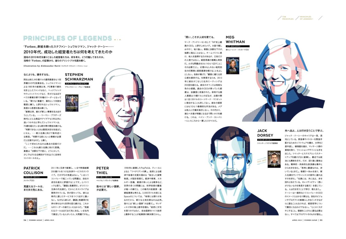 Collage of illustrated portraits of Stephen Schwarzman, Meg Whitman, Jack Dorsey, Patrick Collison, and Peter Thiel on magazine pages.