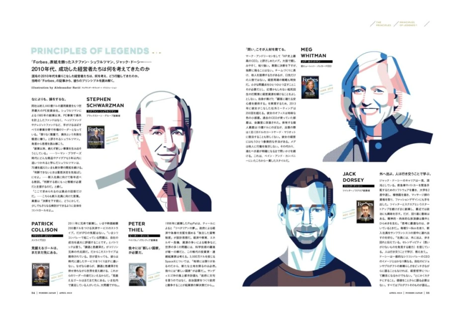 Collage of illustrated portraits of Stephen Schwarzman, Meg Whitman, Jack Dorsey, Patrick Collison, and Peter Thiel on magazine pages.