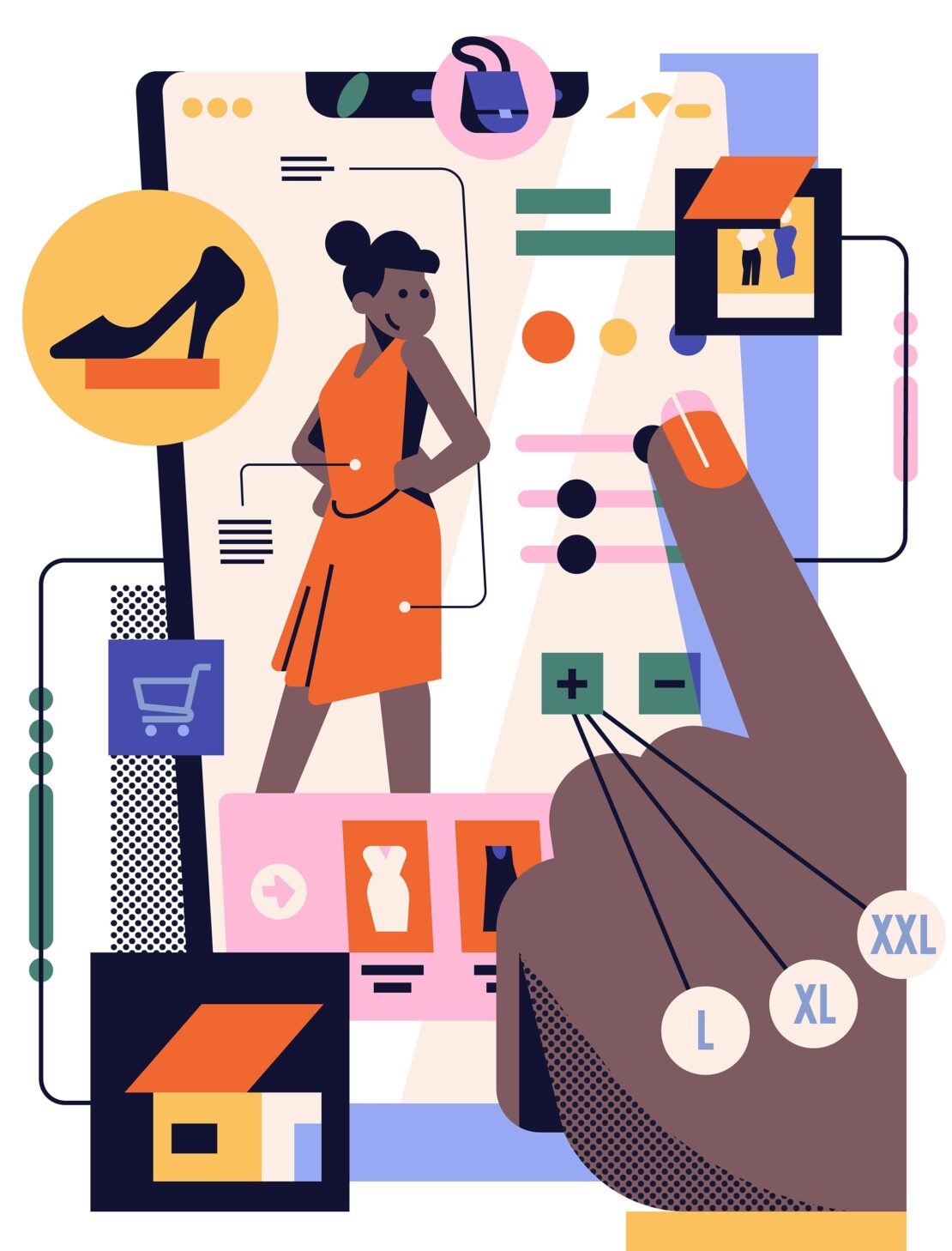 Digital illustration of a person using an online shopping app with clothes, a shoe, and a handbag visible on the screen.