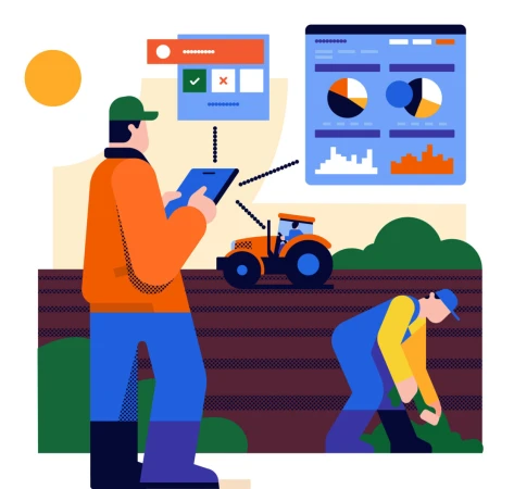 Illustration depicting two farmers in a field, one using a tablet with data displayed, and a tractor in the background.