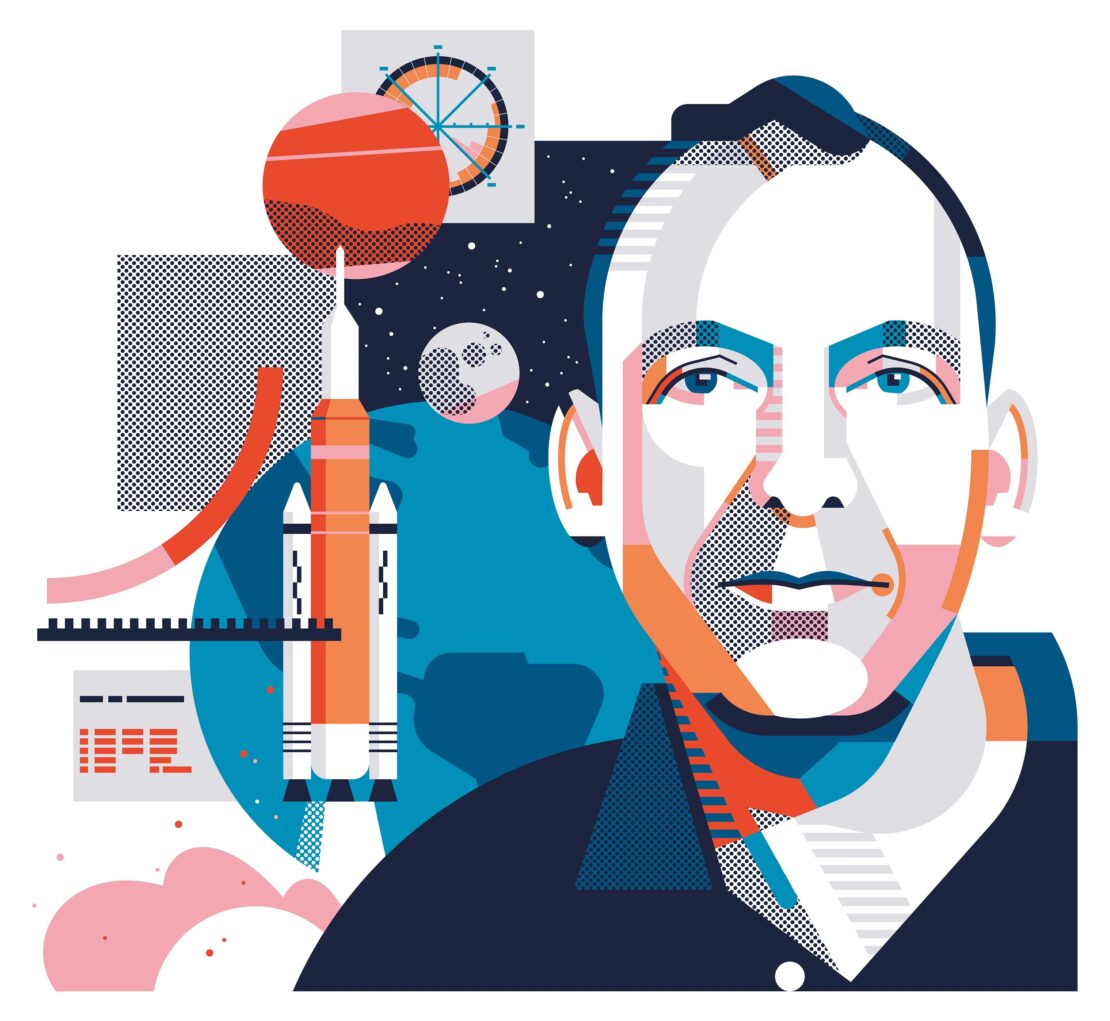 Digital art illustration of an adult male portrait with planets and a rocket ship on a white background with blue and orange accents.
