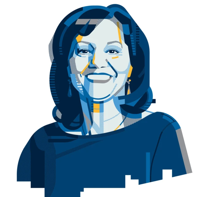 Illustration of a woman with dark hair and a blue top, featuring a distinctive graphic art style and a bright, white background.