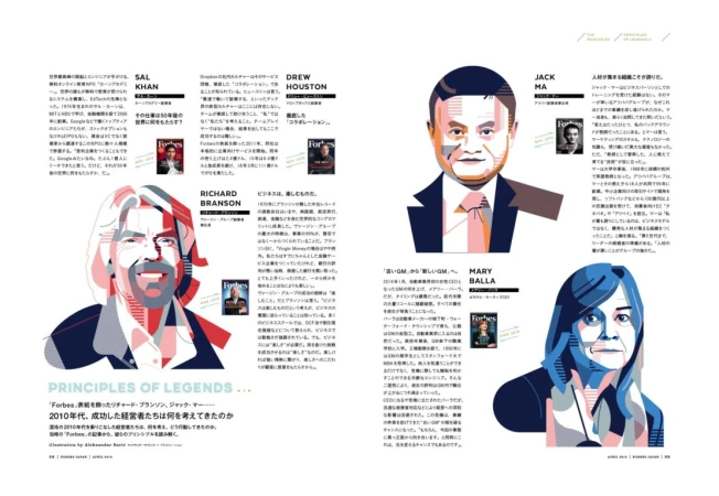 Page layout from Forbes magazine featuring illustrated portraits of Richard Branson, Jack Ma, Mary Balla, and other business leaders.
