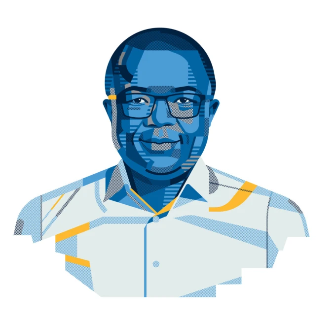 Illustration of a black man in glasses wearing a white button-down shirt against a white background, rendered in shades of blue and yellow.