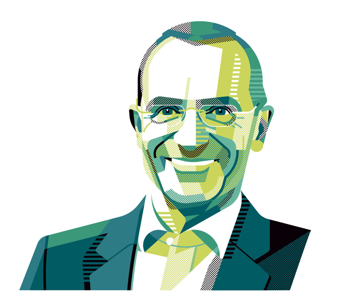 Illustration of a smiling adult male with glasses, wearing a suit and tie, rendered in shades of green and teal against a white backdrop.