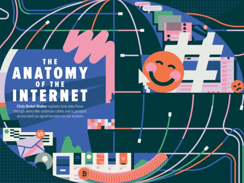 Illustration of the Internet's anatomy with data cables, server icons, and network symbols against a dark blue background.