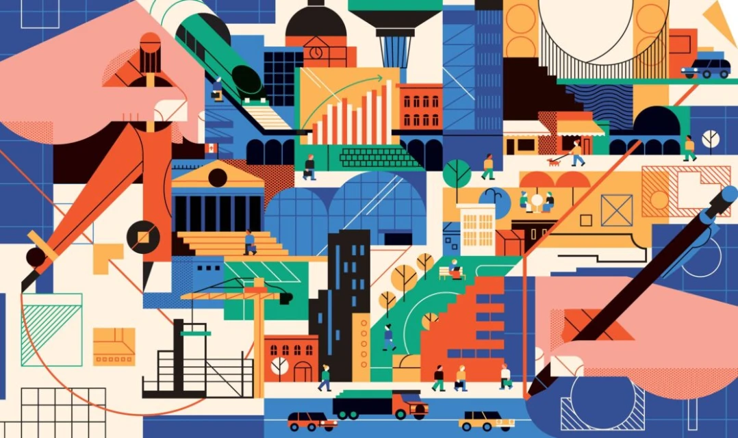 Illustration of city planning with buildings, people, vehicles, and hands holding architectural drawing tools, in flat graphic style.
