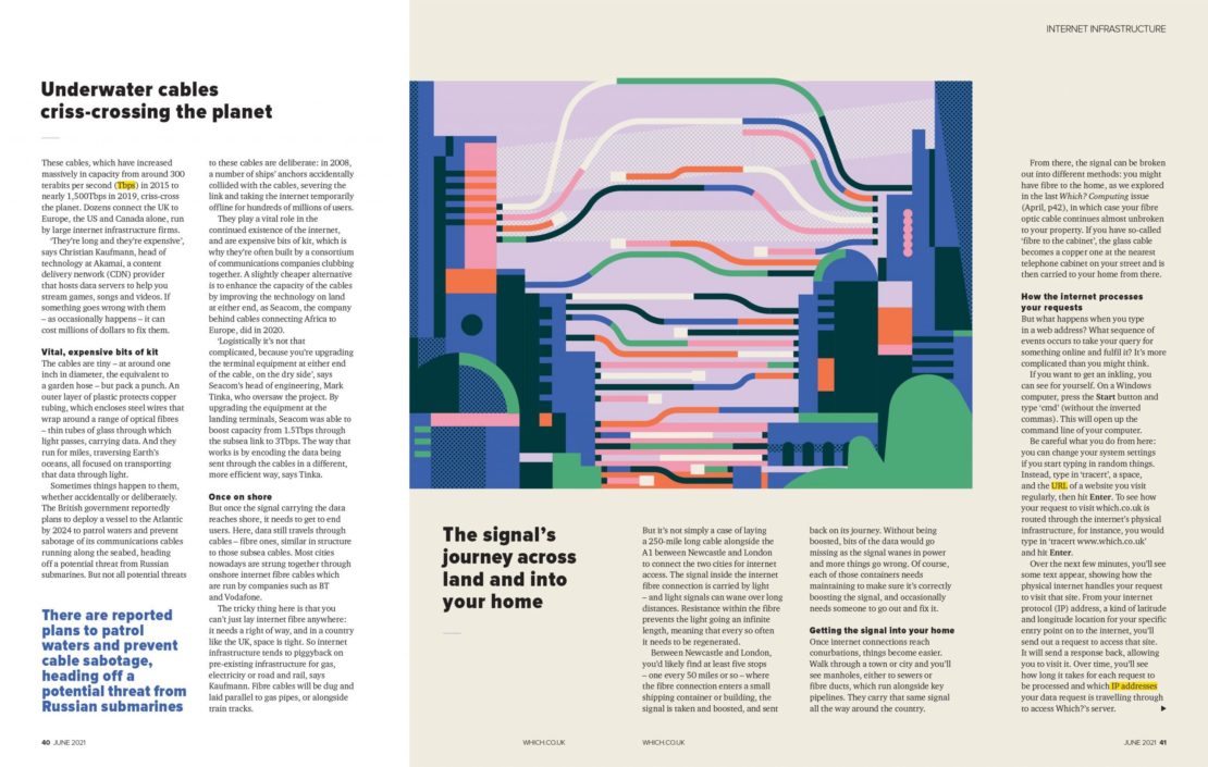 Illustration of internet infrastructure with underwater cables criss-crossing. The signal's journey across land and into your home.