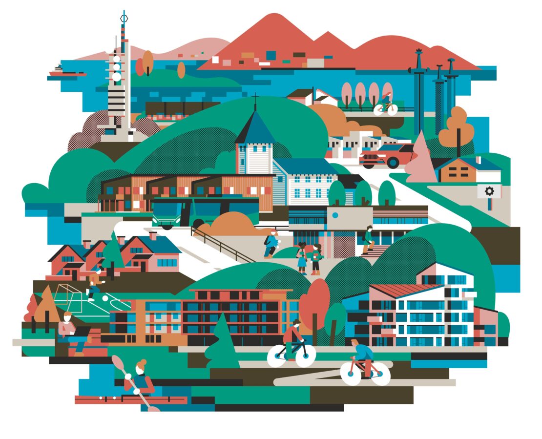 Colorful illustration of a vibrant city with people kayaking, biking, walking, driving, and playing soccer. Mountains in background.