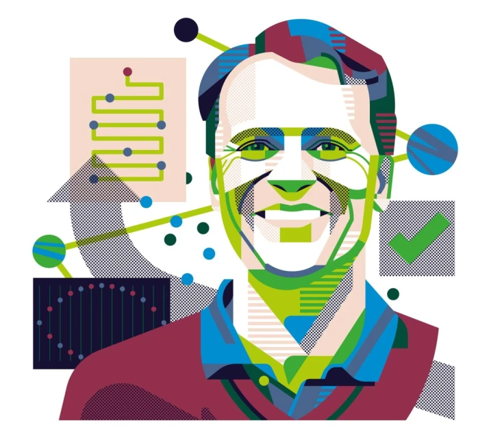 Illustration of a smiling adult male with geometric patterns, accompanied by a checkmark, chart, and upward arrow, set against a white backdrop.