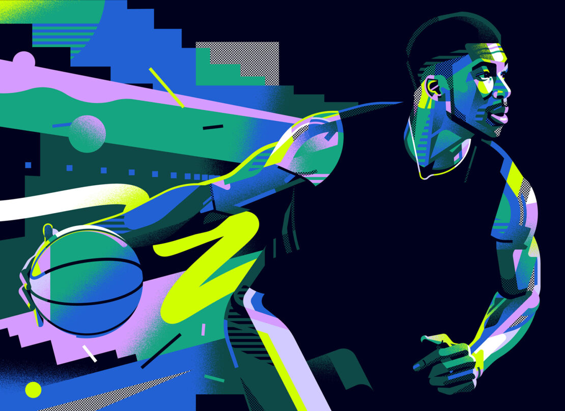 Illustration of an African American male basketball player in action, with vibrant colors and dynamic geometric patterns in the background.