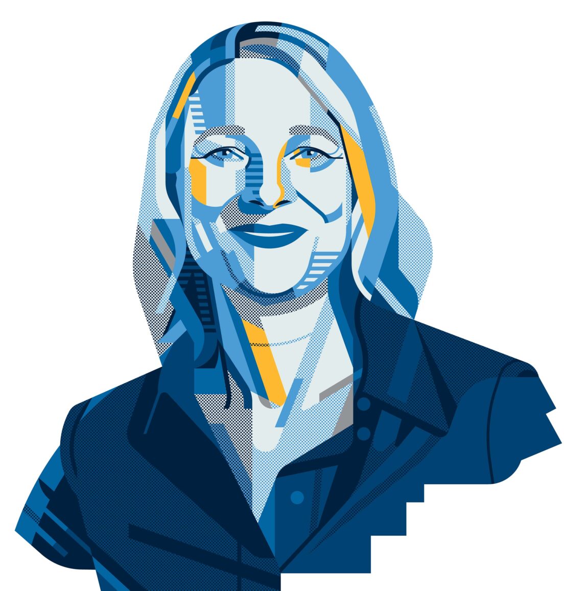 Illustration of an adult woman's upper body with a blue jacket on a white background in a vector art style, featuring geometric elements.