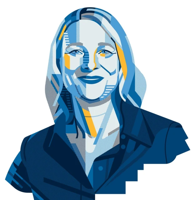 Illustration of an adult woman's upper body with a blue jacket on a white background in a vector art style, featuring geometric elements.