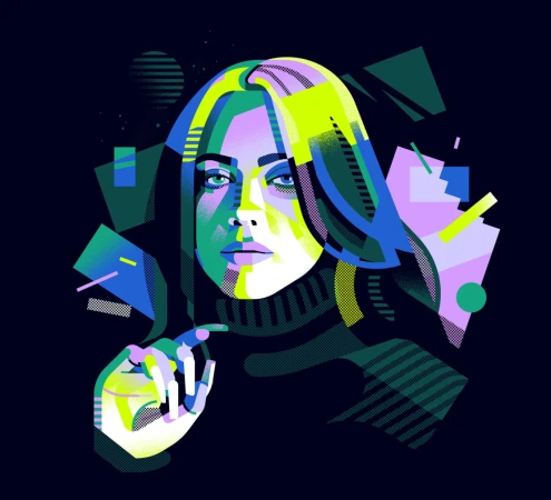 Illustration of a woman's face with blue eyes and geometric shapes in a pop art style on a dark blue background.
