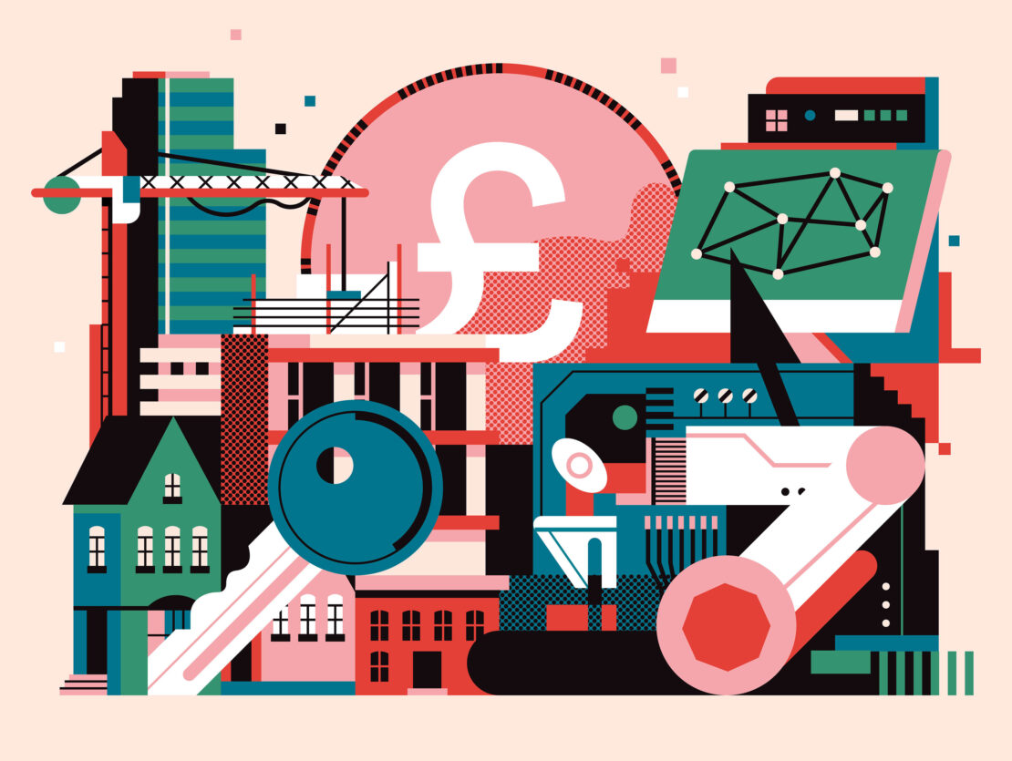 Abstract illustration of a city landscape with buildings, a pound coin, a computer, and geometric shapes on a beige background.
