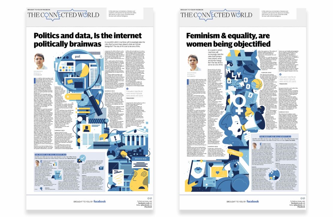 Two newspaper front pages illustrate the internet's impact on politics/data and feminism/equality with infographics and headshots.
