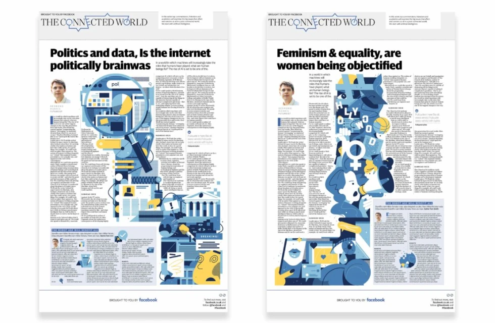 Two newspaper front pages illustrate the internet's impact on politics/data and feminism/equality with infographics and headshots.