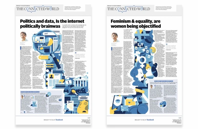 Two newspaper front pages illustrate the internet's impact on politics/data and feminism/equality with infographics and headshots.