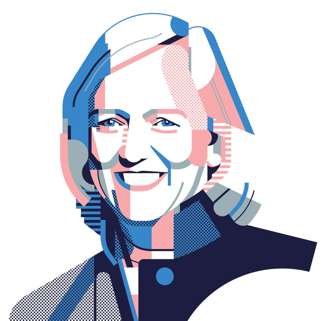 Illustration of a smiling adult female portrait with short white hair, set against a plain white background in a graphic design art style.