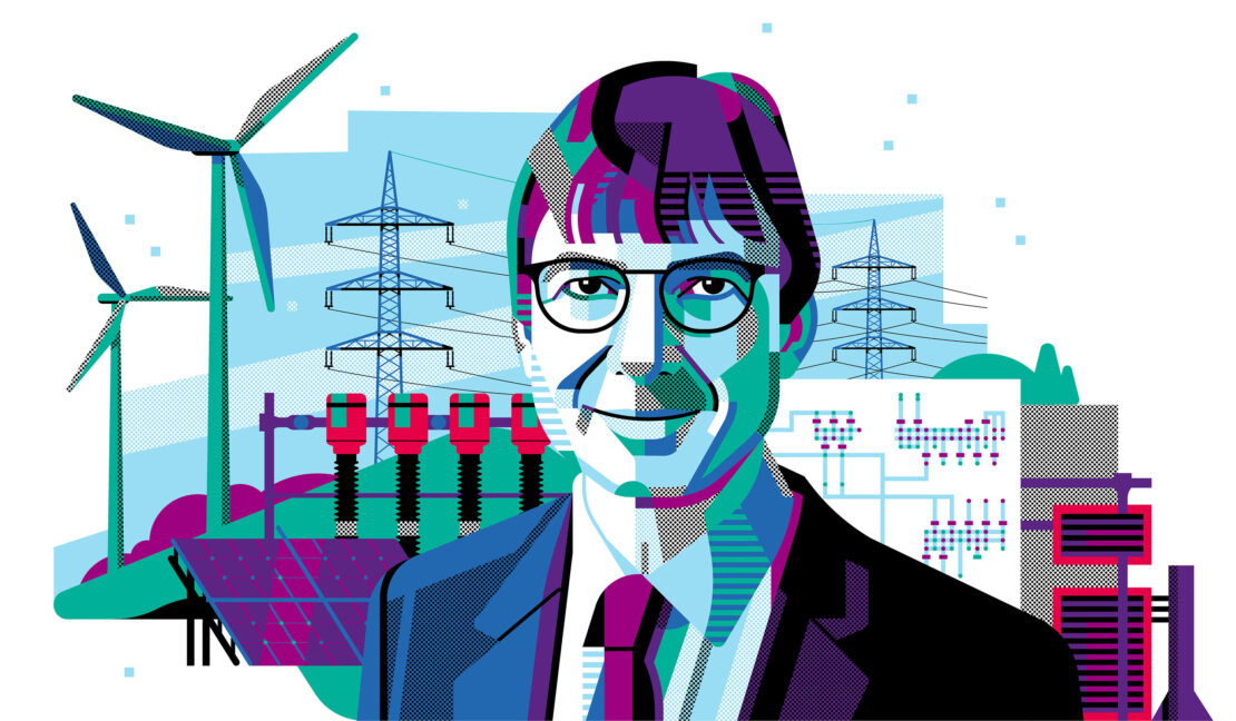 Illustration of a man in a suit with wind turbines, power lines, and electrical equipment in the background, rendered in bold colors.