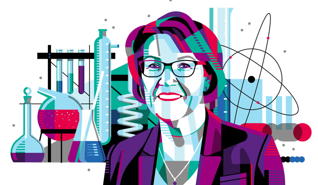 Illustration of an adult woman with glasses, wearing a business jacket, with laboratory glassware and atom illustration in the background.