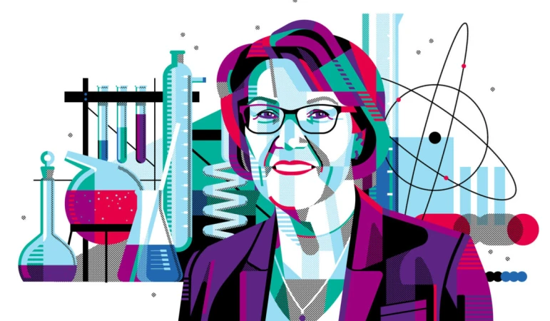 Illustration of an adult woman with glasses, wearing a business jacket, with laboratory glassware and atom illustration in the background.