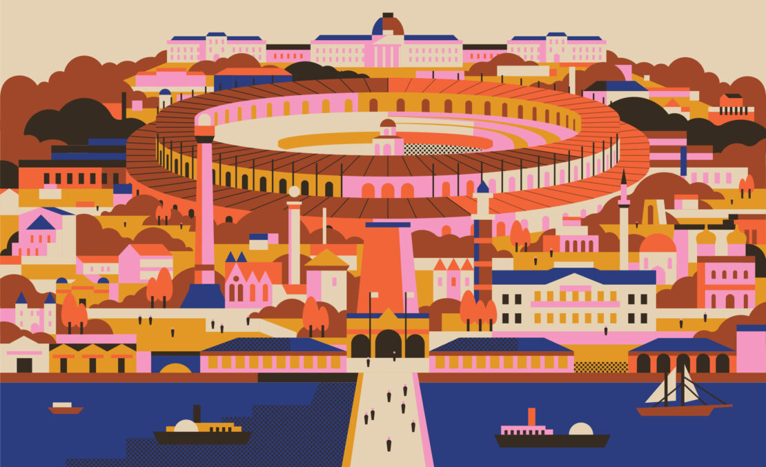 Illustrated cityscape features a large stadium, buildings, roads, and waterways in a vibrant, stylized composition with boats and figures.