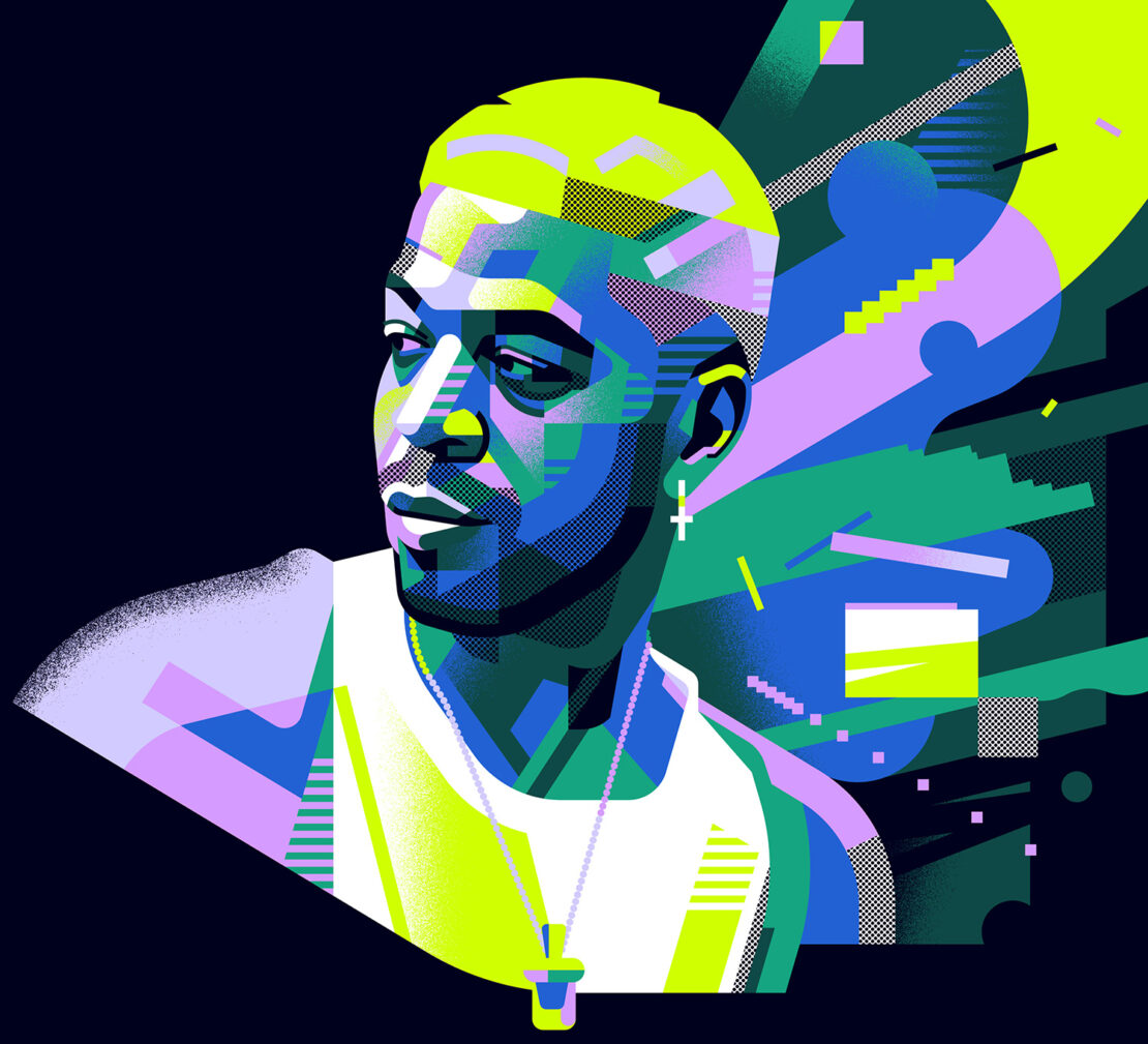 Illustration of a young adult male with blond hair, wearing a white tank top and necklace, rendered in a vibrant, geometric style.