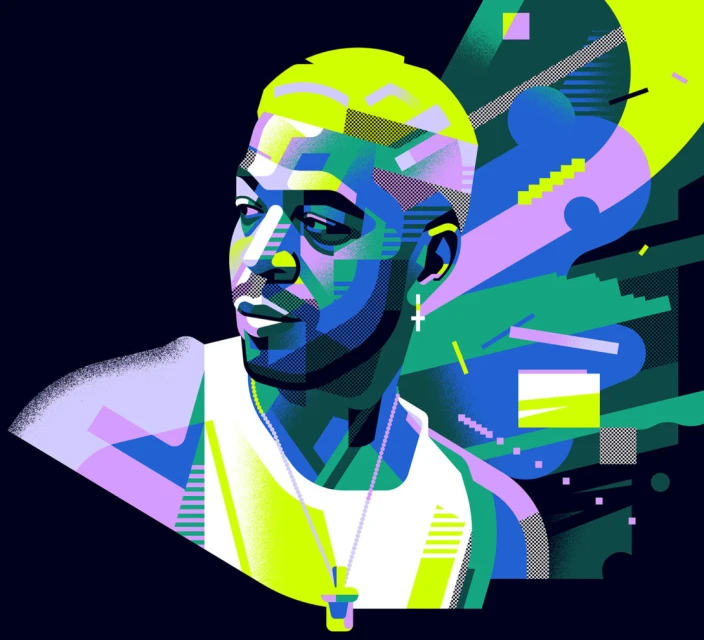 Illustration of a young adult male with blond hair, wearing a white tank top and necklace, rendered in a vibrant, geometric style.