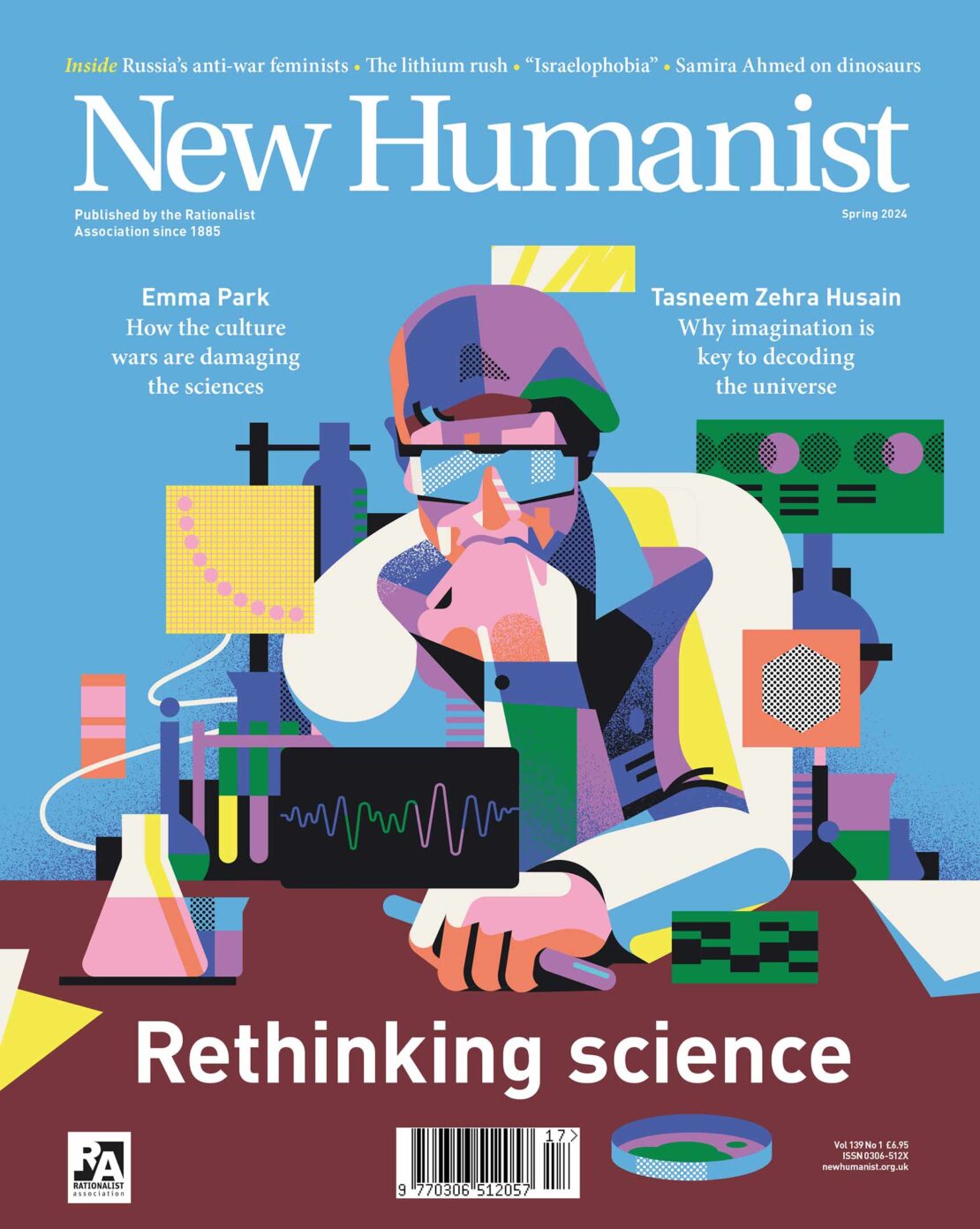 New Humanist magazine cover featuring an illustration of a scientist surrounded by beakers, test tubes, and science equipment.