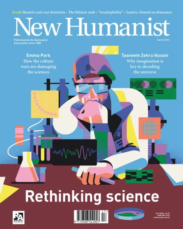 New Humanist magazine cover featuring an illustration of a scientist surrounded by beakers, test tubes, and science equipment.