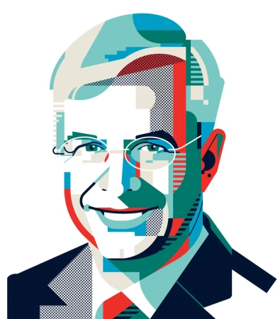 Colorful vector portrait illustration of a man wearing glasses and a suit by Aleksandar Savic.