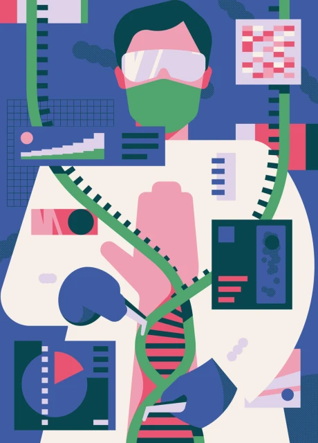 Illustration of medical researcher in lab coat with DNA structure, charts, wearing face mask and safety goggles in an indoor environment.