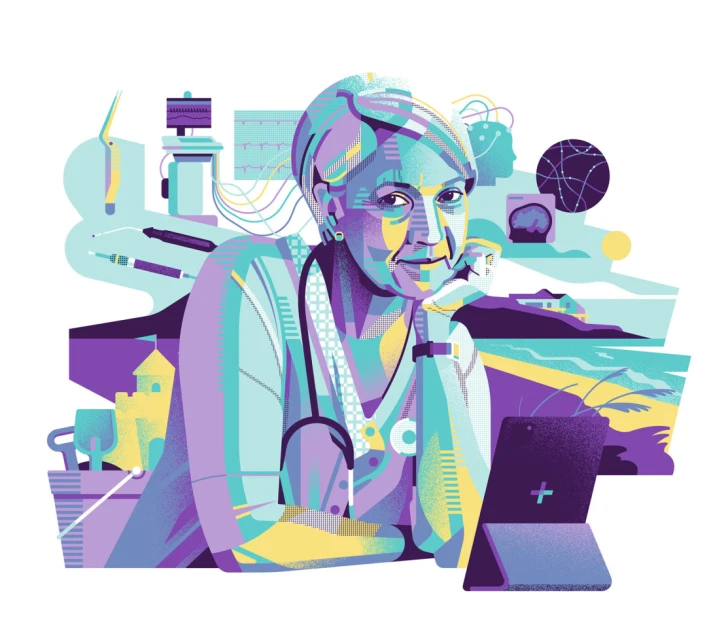 Illustration of female doctor with stethoscope and headset resting her chin on her hand in front of a tablet, medical equipment.