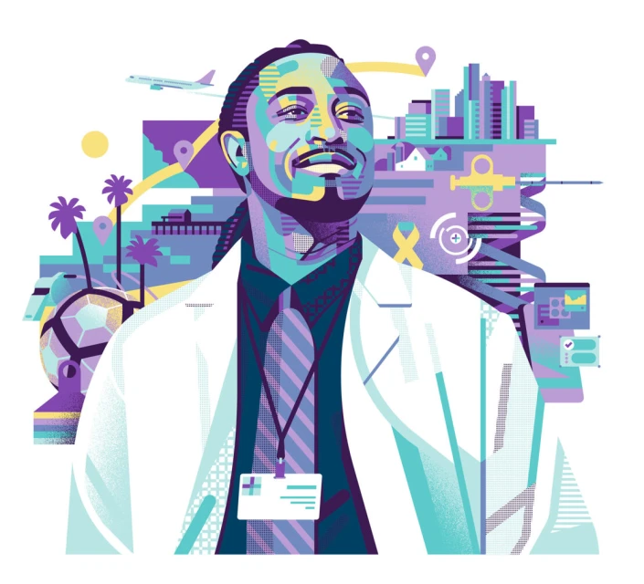 Illustration of a Black healthcare worker in a white coat, ID badge, and tie, with city and travel icons in the background.