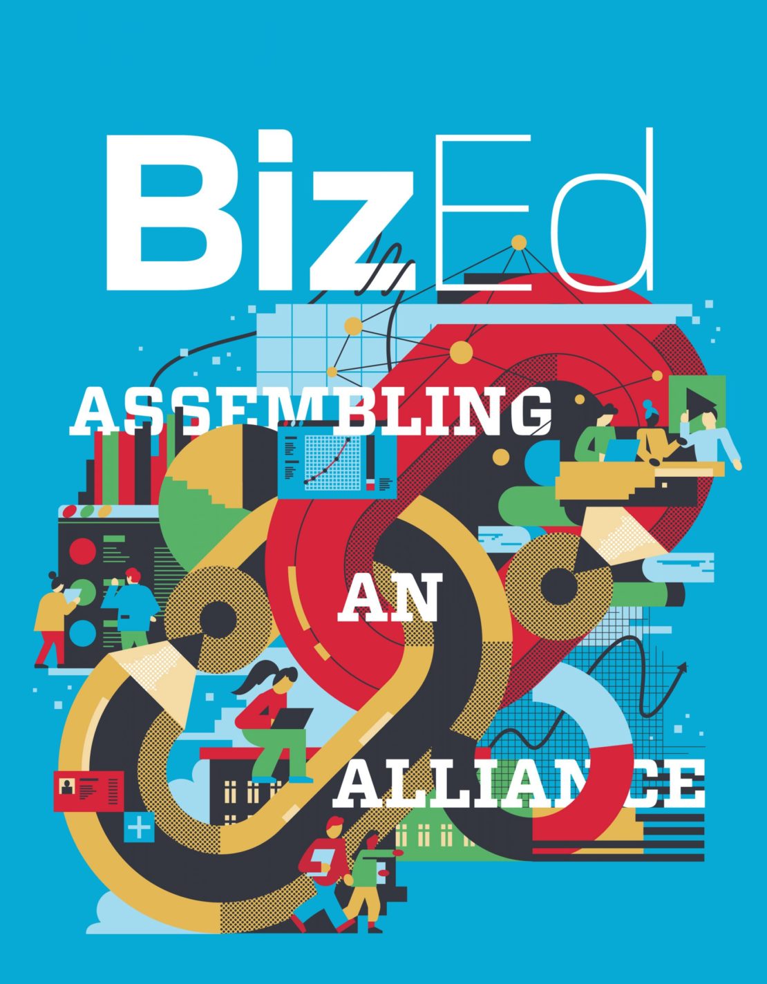 Graphic design artwork: 'BizEd' cover with abstract figures working in colorful, modern style, set against a bright cyan background.