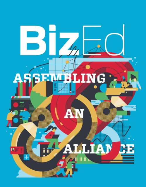 Graphic design artwork: 'BizEd' cover with abstract figures working in colorful, modern style, set against a bright cyan background.