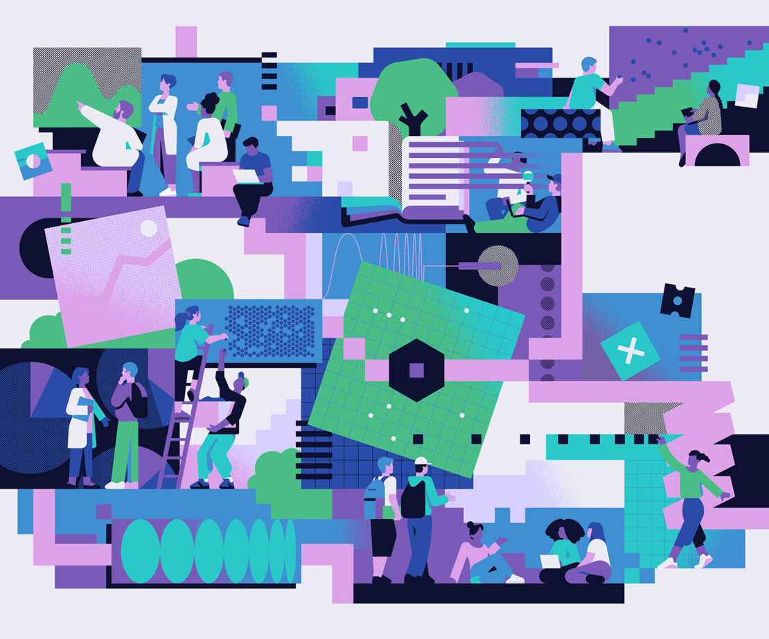 Illustration featuring diverse people in a collaborative workspace with geometric shapes, rendered in shades of purple, blue, and green.
