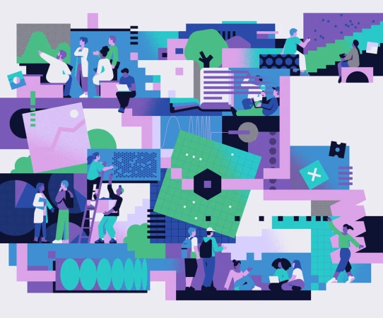Illustration featuring diverse people in a collaborative workspace with geometric shapes, rendered in shades of purple, blue, and green.