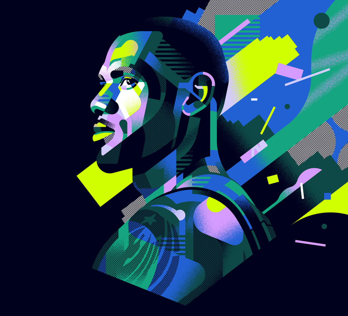 Illustration of an African American male in profile with a dark blue background and neon green, blue, and purple geometric shapes.