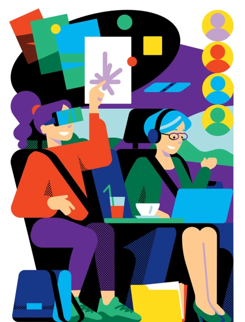 Illustration of two women in a vehicle, one using VR headset and the other using laptop, vibrant color palette and geometric patterns.