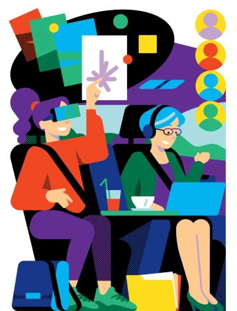 Illustration of two women in a vehicle, one using VR headset and the other using laptop, vibrant color palette and geometric patterns.