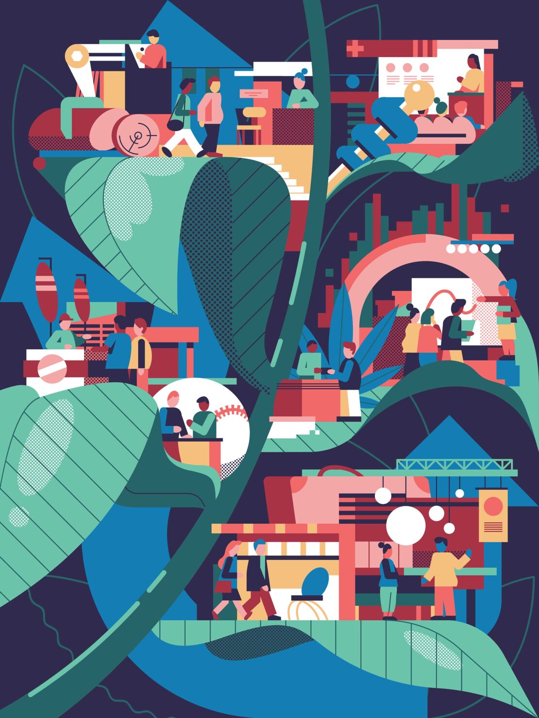 Illustration of people interacting within a geometric, plant-like structure against a dark blue backdrop, colorful and detailed.