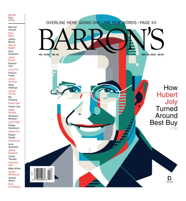 Barron's magazine cover featuring an artistic portrait of Hubert Joly, former CEO of Best Buy, in an editorial illustration style.