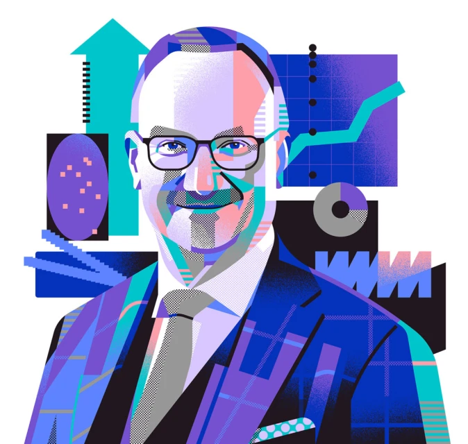 Illustration of a smiling man with glasses wearing a blazer, set against a backdrop of financial charts and graphic design elements.