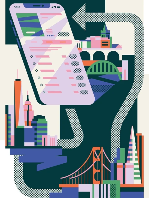 Colorful illustration of a smart phone displaying images of a cityscape including bridges and buildings.